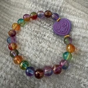 Purple Heart Glass Stretch Bracelet Multicolor Crackle Glass Gold Tone